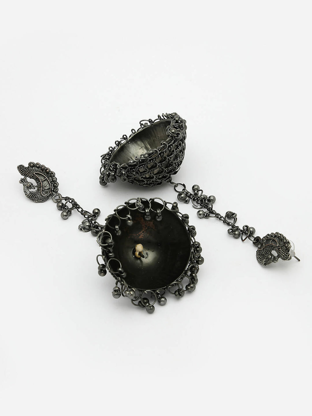 NVR Women Black Oxidised Brass-Plated Jhumka Earrings