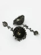 NVR Women Black Oxidised Brass-Plated Jhumka Earrings