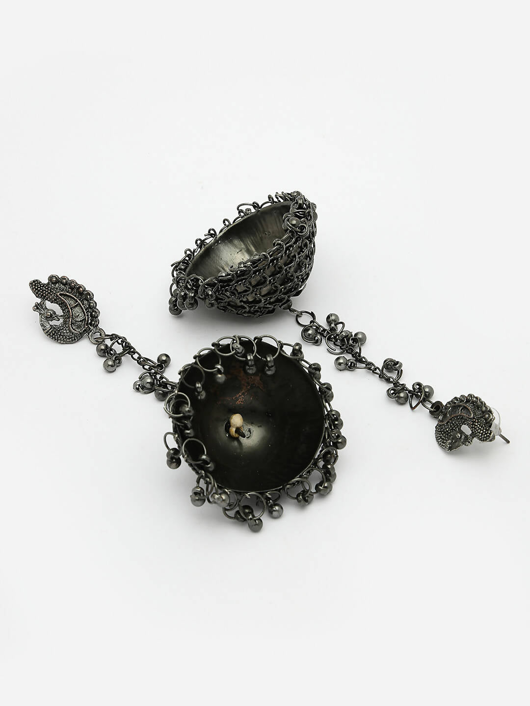 NVR Women Black Oxidised Brass-Plated Jhumka Earrings