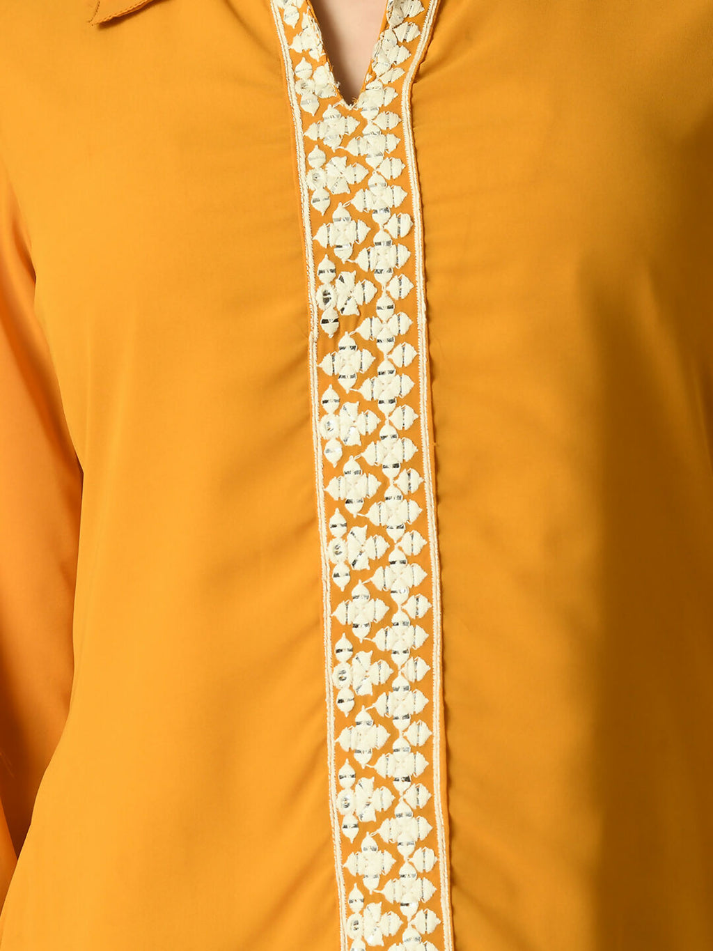 Myshka Women's Mustard Embroidered Party Fusion Top | Grocsy