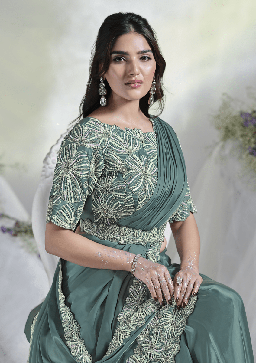 Aqua Blue Crepe Satin Silk Designer Ready to wear saree with stithced Blouse - Mohmanthan Aura | Grocsy