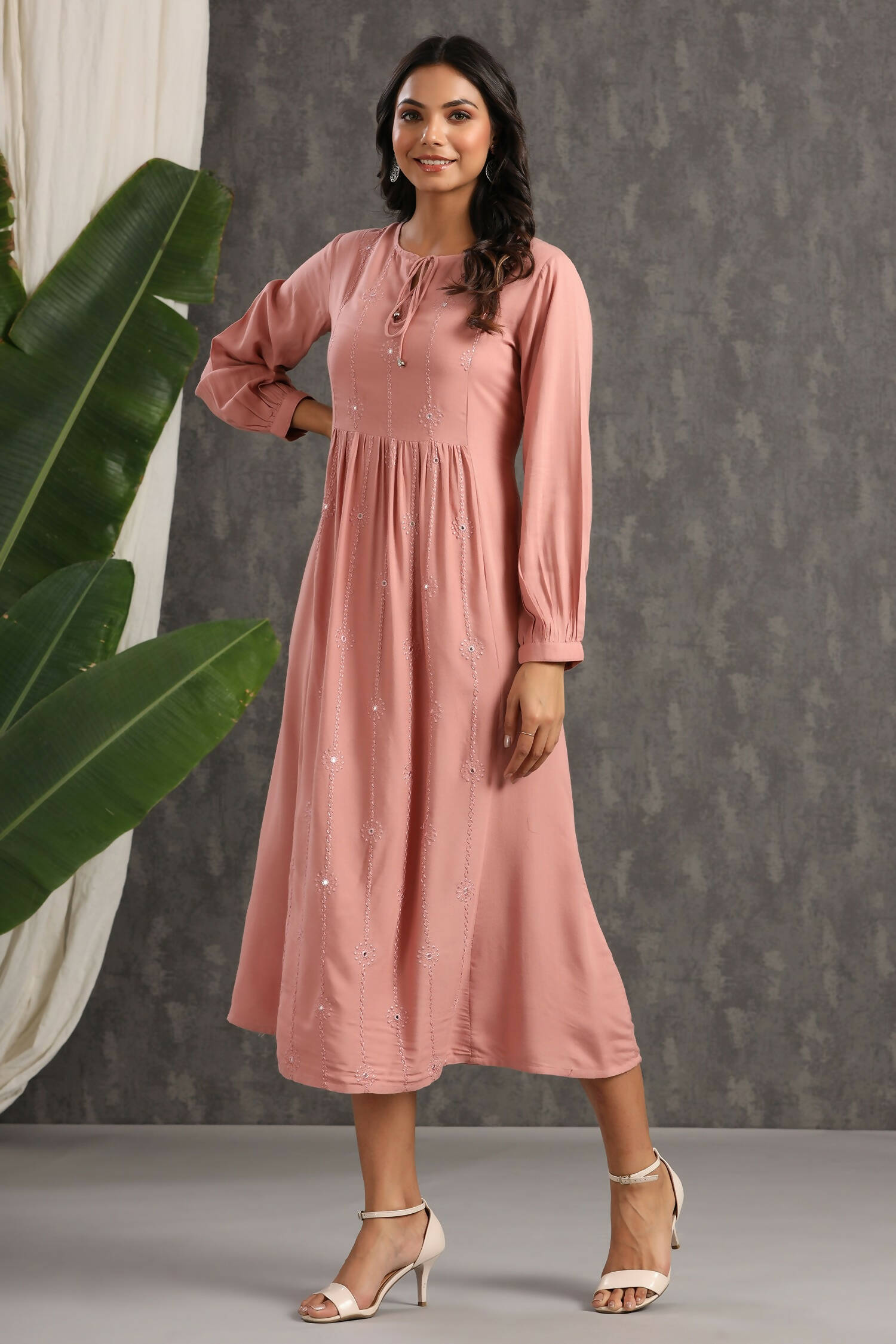 Juniper Womens Onion Pink Rayon Solid Maxi Dress With Mirror Embroidery And Full Sleeve | Grocsy