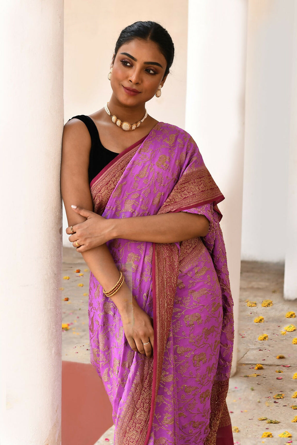 Joban Fashion Hot Pink Crepe Chiffon Pure Handloom Banarasi Silk Saree | Grocsy