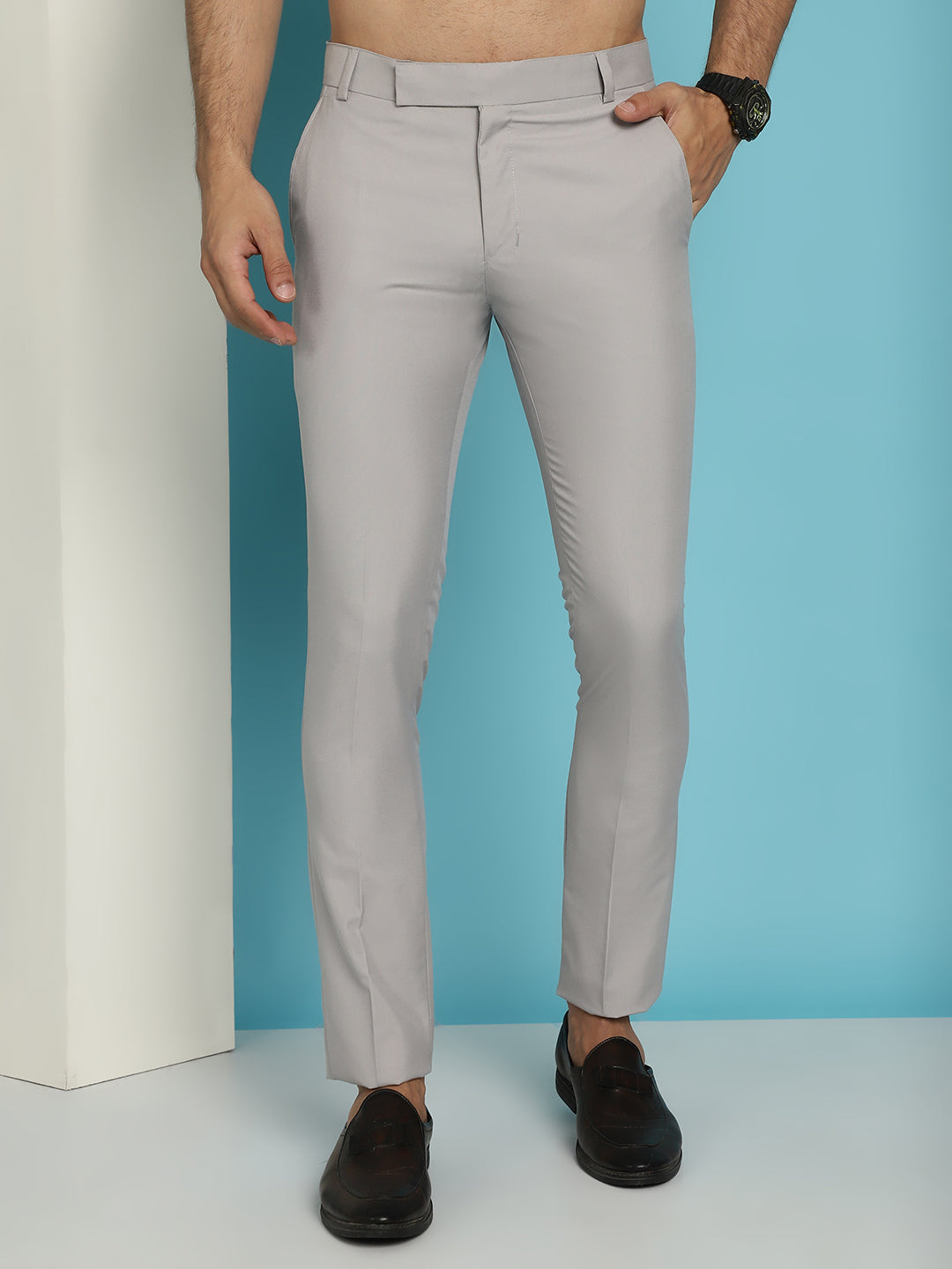 Indian Needle Men's Solid Cotton Formal Trousers - Light-Grey | Grocsy