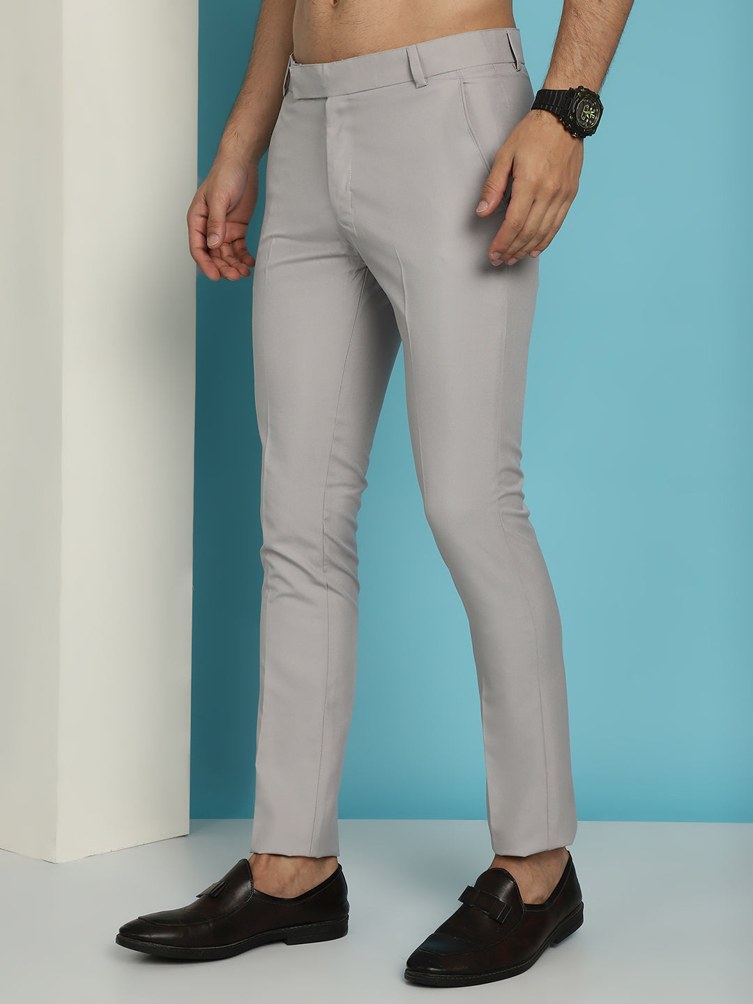 Indian Needle Men's Solid Cotton Formal Trousers - Light-Grey | Grocsy