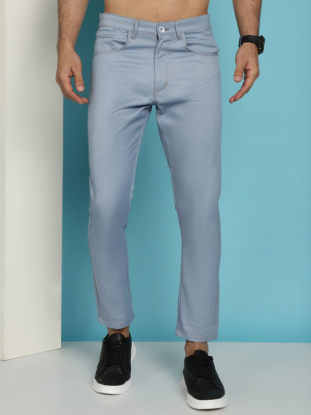 Indian Needle Men's Blue Solid Cotton Casual Trouser - Blue | Grocsy