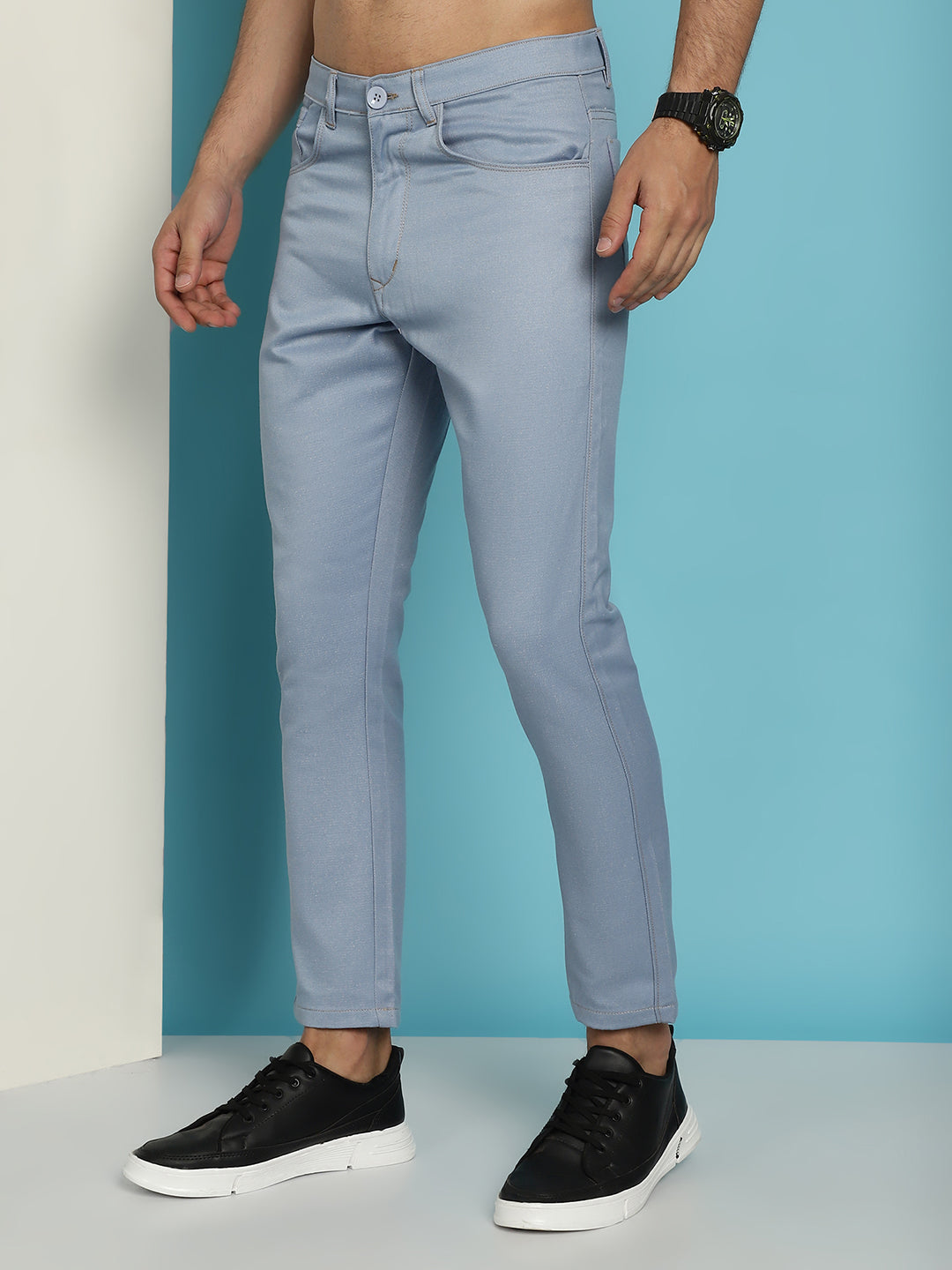 Indian Needle Men's Blue Solid Cotton Casual Trouser - Blue | Grocsy