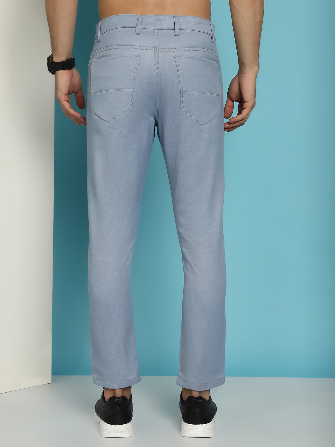 Indian Needle Men's Blue Solid Cotton Casual Trouser - Blue | Grocsy
