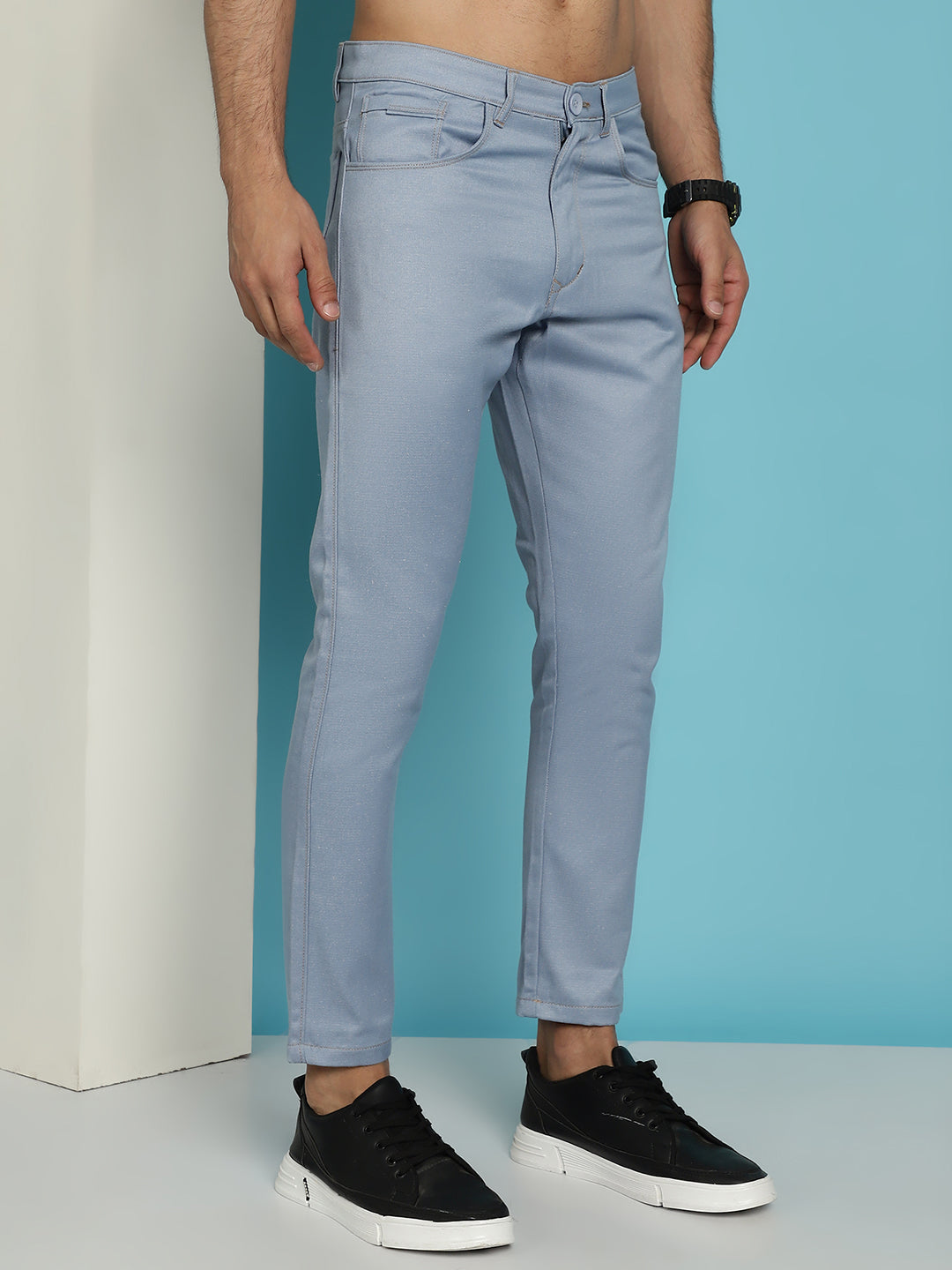 Indian Needle Men's Blue Solid Cotton Casual Trouser - Blue | Grocsy