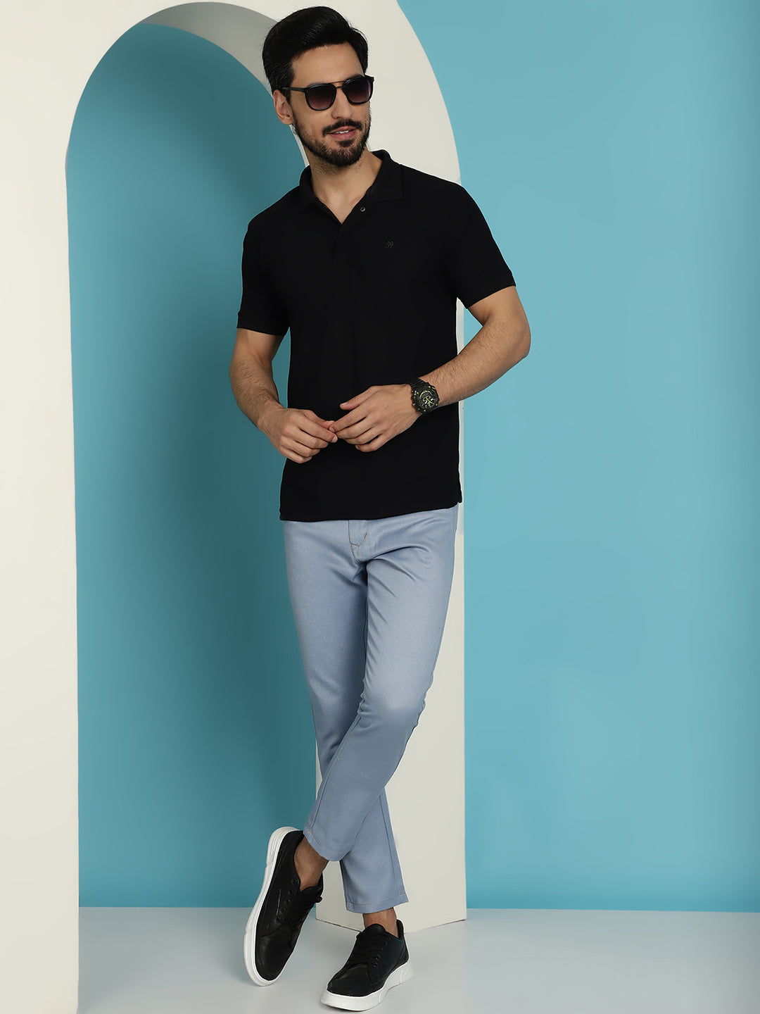 Indian Needle Men's Blue Solid Cotton Casual Trouser - Blue | Grocsy