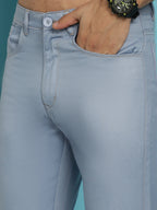 Indian Needle Men's Blue Solid Cotton Casual Trouser - Blue | Grocsy