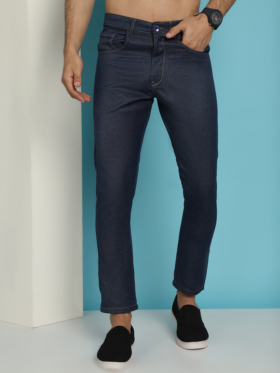 Indian Needle Men's Navy Blue Solid Cotton Casual Trouser | Grocsy