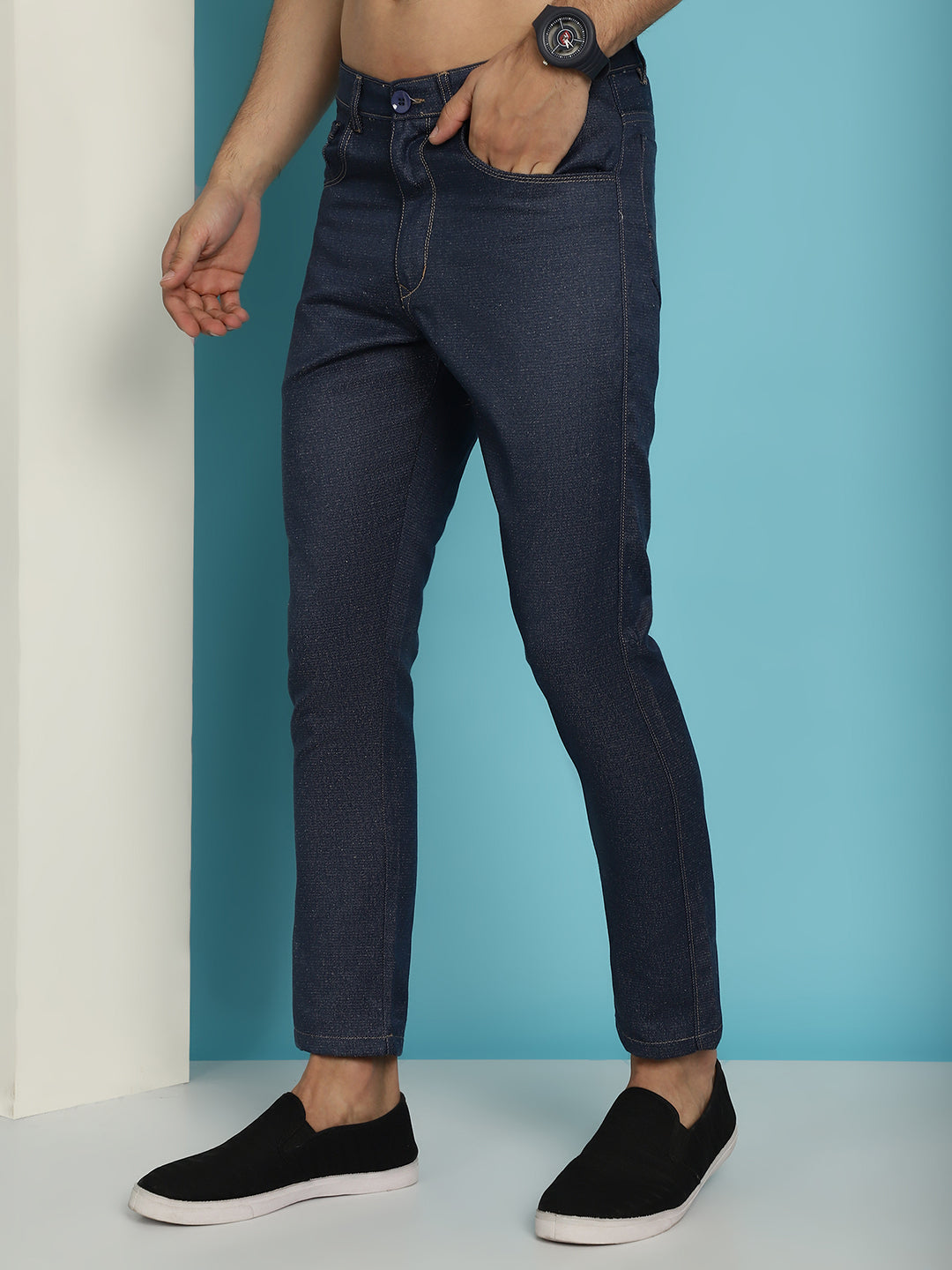Indian Needle Men's Navy Blue Solid Cotton Casual Trouser | Grocsy