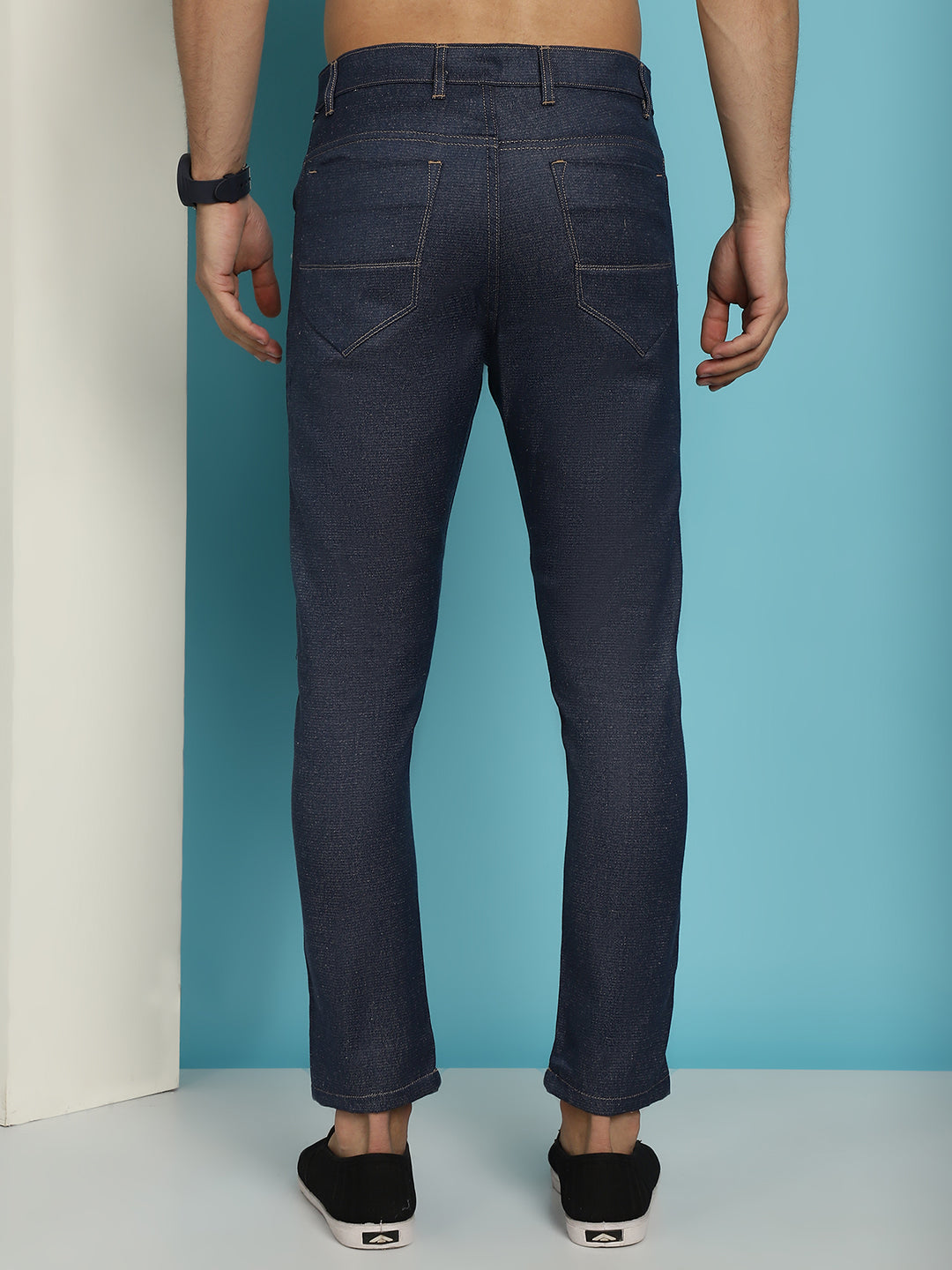 Indian Needle Men's Navy Blue Solid Cotton Casual Trouser | Grocsy