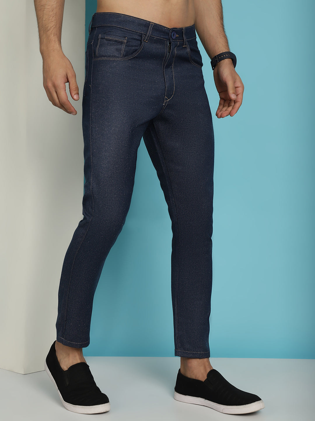 Indian Needle Men's Navy Blue Solid Cotton Casual Trouser | Grocsy