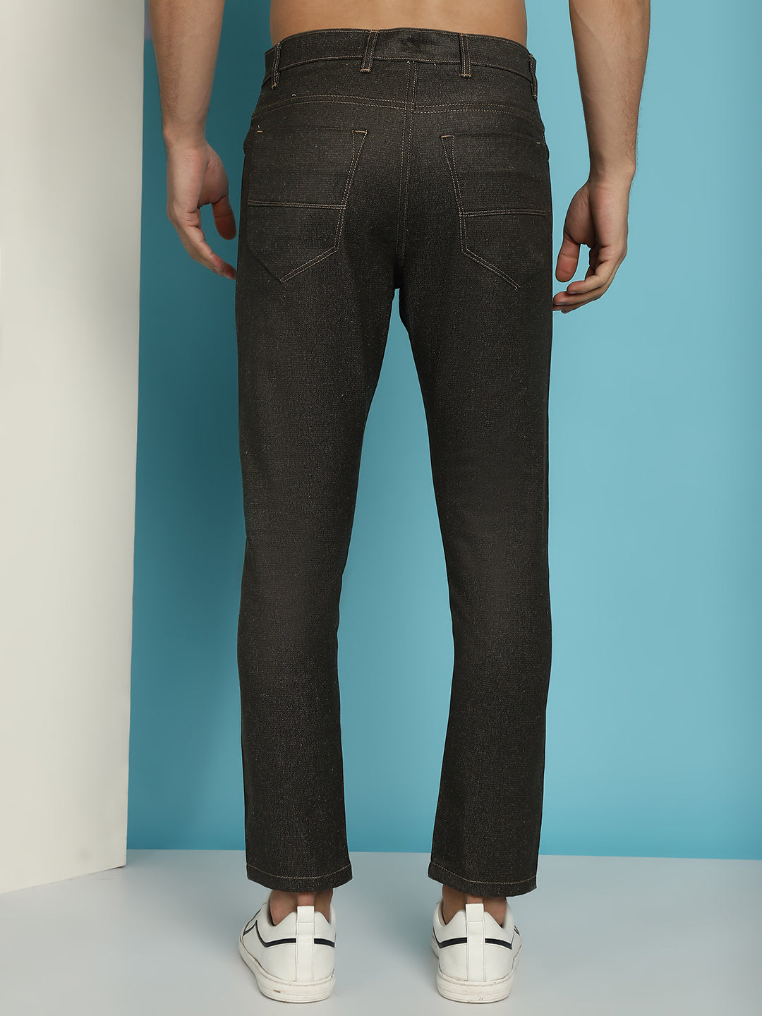 Indian Needle Men's Olive Green Solid Cotton Casual Trouser | Grocsy