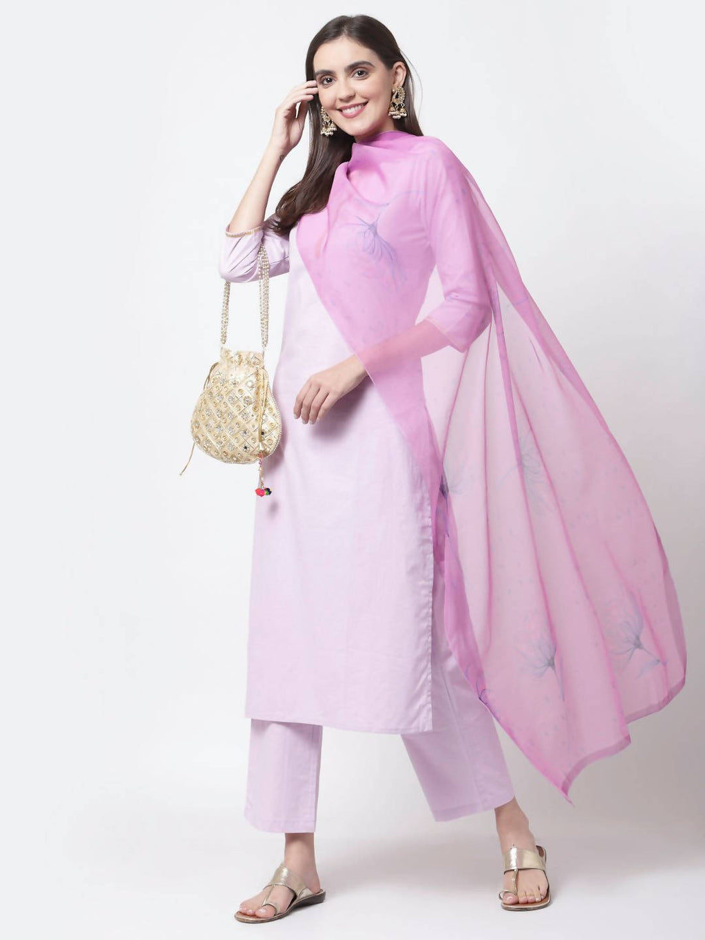 Myshka Light Purple Cotton Solid 3/4 Sleeve Round Neck Casual Kurta Pant Dupatta Set | Grocsy