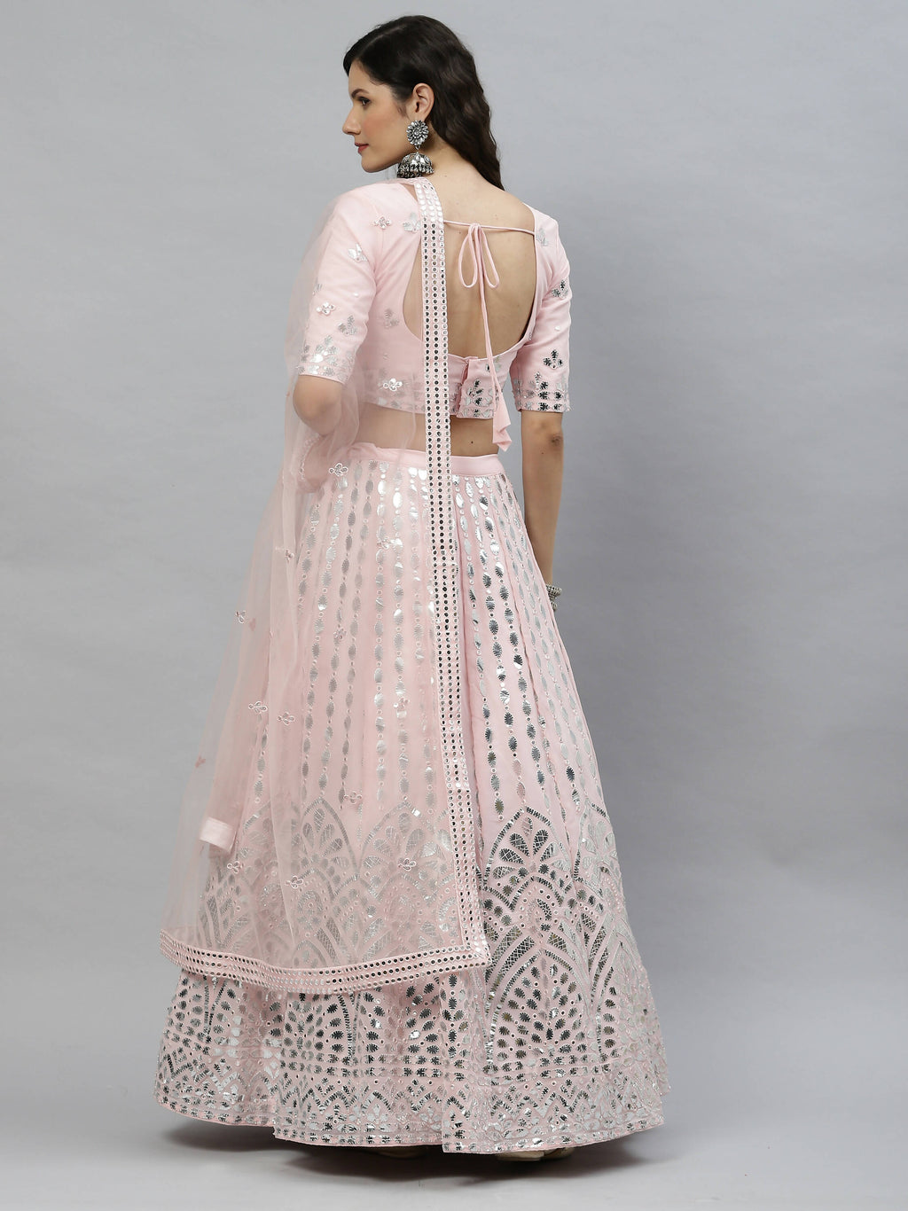 Pink Georgette Paper Mirror Embroidery Work Lehenga Choli with Dupatta - Jivika | Grocsy