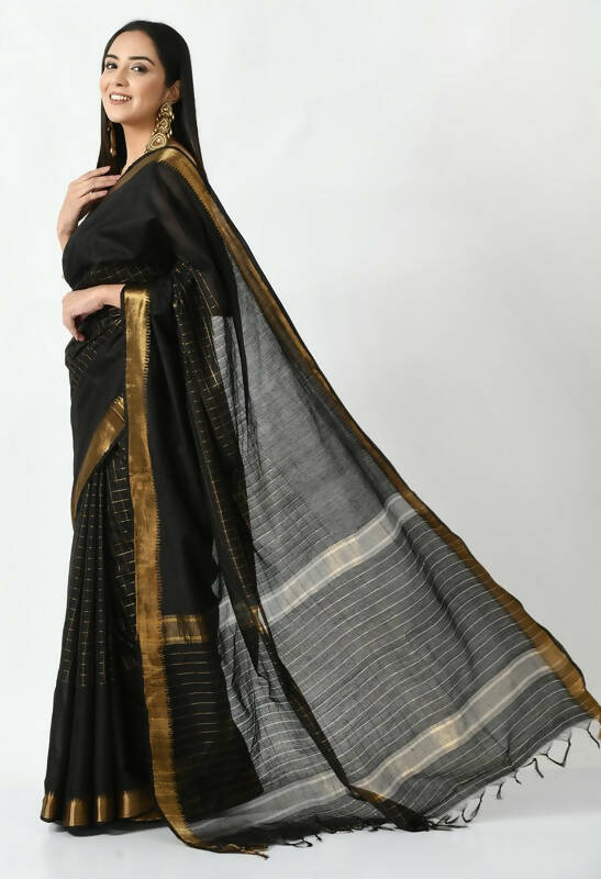 Mominos Fashion Moeza Black Bhagalpuri Handloom Silk Raj Shree Saree with unstitched Blouse piece | Grocsy