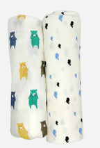 Kindermum Organic Cotton Muslin Swaddle Blanket 110 Cm X 110 Cm - Set Of 2 - Bear And Whale | Grocsy