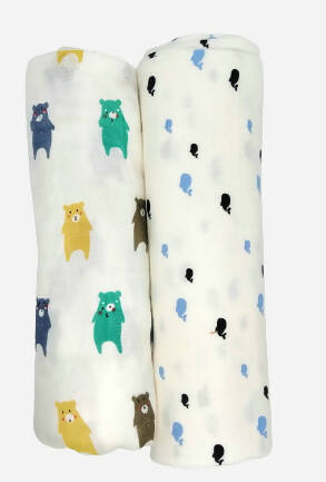 Kindermum Organic Cotton Muslin Swaddle Blanket 110 Cm X 110 Cm - Set Of 2 - Bear And Whale | Grocsy