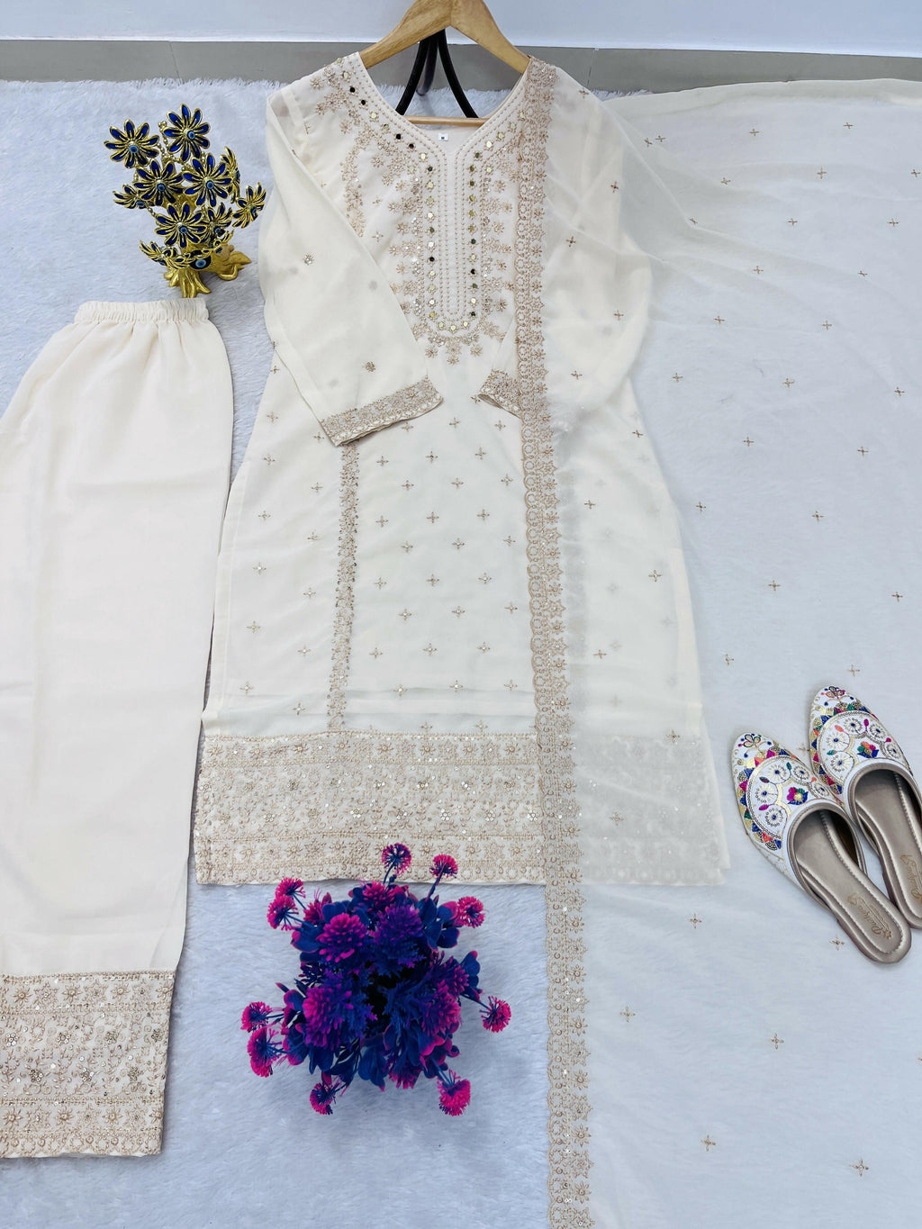 Teeya Creation White Color Faux Georgette Embroidery Work Party Wear Salwar Suit | Grocsy