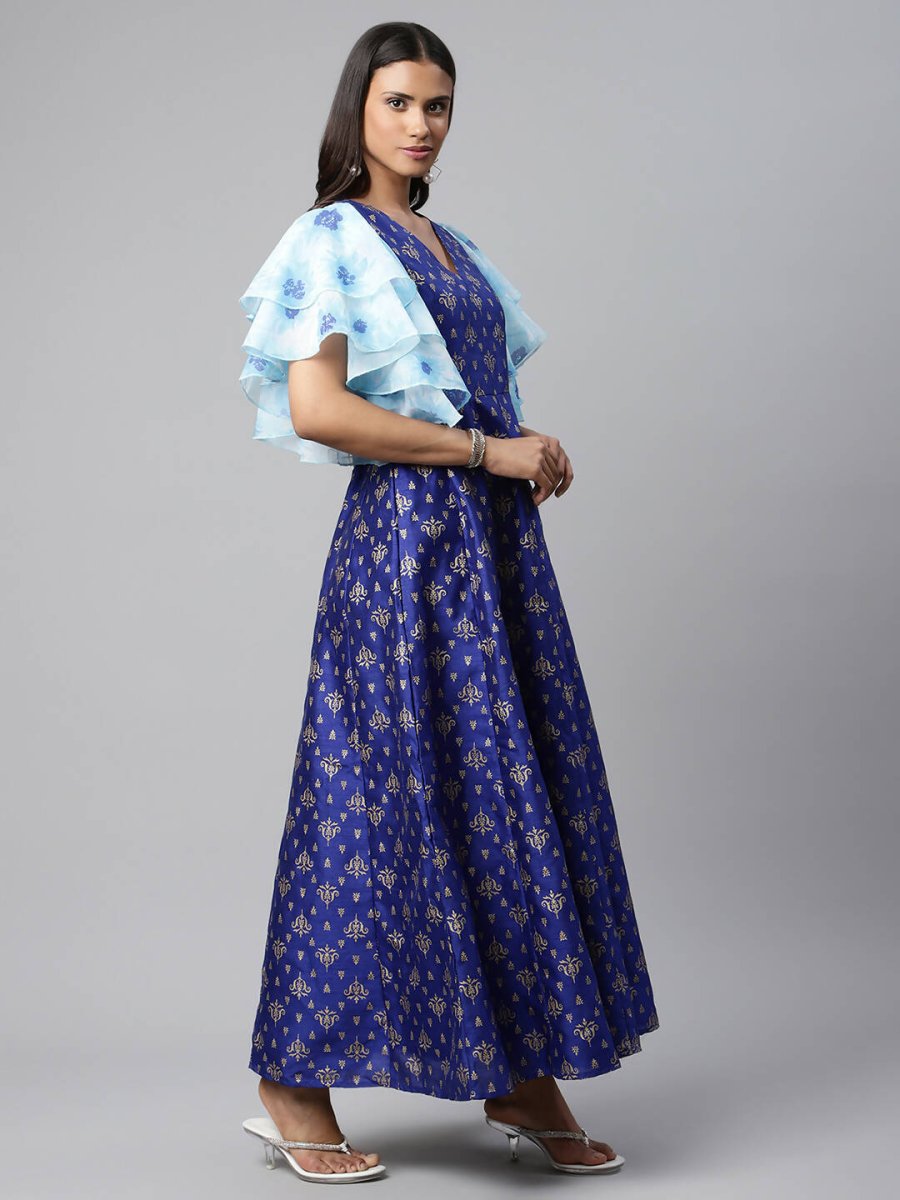 Ahalyaa Women Royal Blue Poly Silk Gold Paste Printed Dress | Grocsy