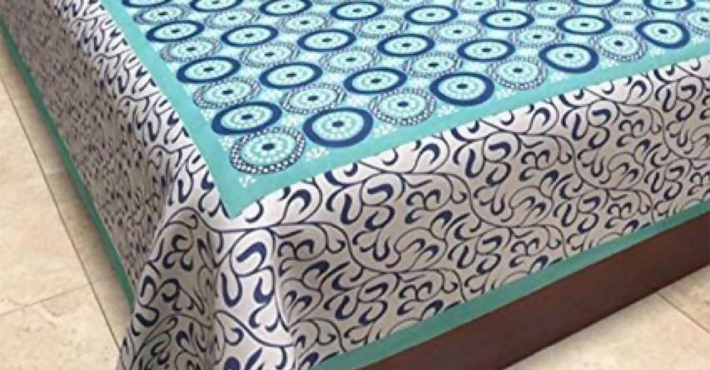 Vamika Latest Printed Cotton Sea Green & White Bedsheet With Pillow Covers (LEOC_CHKR_SG) | Grocsy