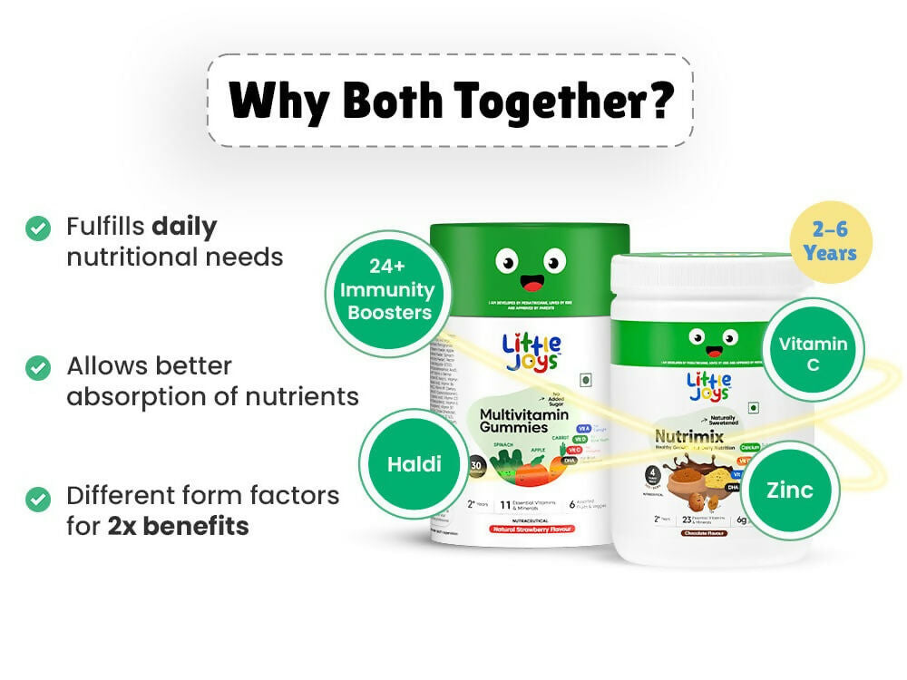 Little Joys Immunity Boosting Nutrimix Nutrition Powder Belgian Chocolate 2 + and Multivitamin Gummies Combo | Grocsy