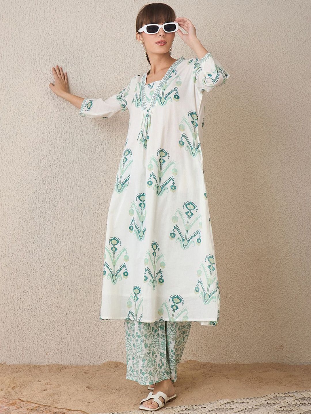 Indo Era Women Floral Printed Regular Sequinned Pure Cotton Kurta with Palazzos | Grocsy