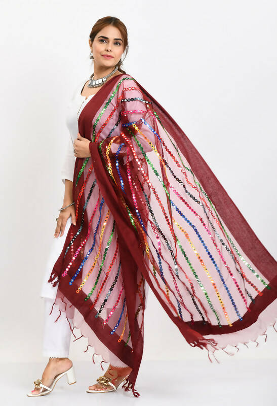 Mominos Fashion Moeza Women's Orgenza Multi Thread Mirror Work Maroon Dupatta | Grocsy
