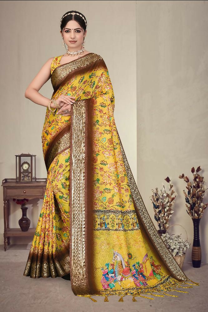 PR Fashion Multi Heavy Rich Cotton Silk Digital Print & Jacquard Saree | Grocsy