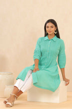 Juniper Womens Blush Turquoise Cotton Slub Solid Mid Length Shirt Dress With Lace Detailing | Grocsy