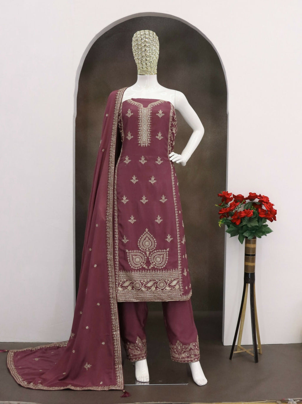 Anaita Purple Chinon Silk Stitched Suit with Embroidery & Sequence Work | Grocsy