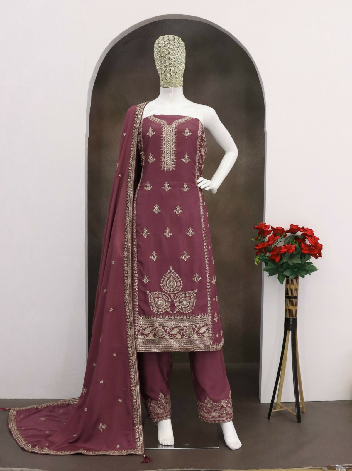Anaita Purple Chinon Silk Stitched Suit with Embroidery & Sequence Work | Grocsy