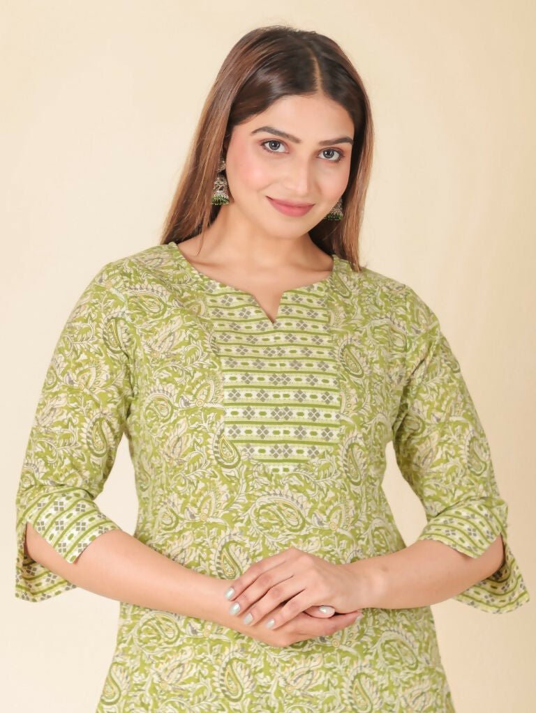 Aramya Straight Soft Cotton Floral Print Women's Kurta - Green | Grocsy