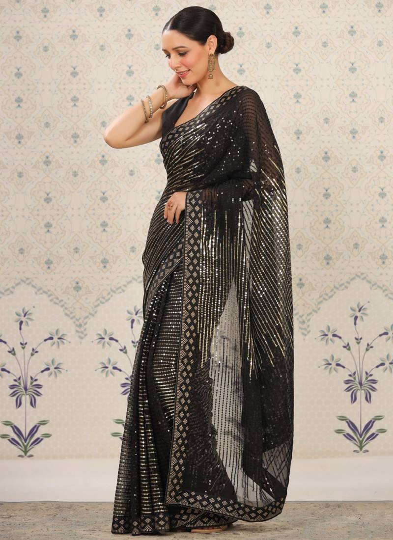 Vegaa Fashion Black Heavy Georgette Sequence Embroidery Saree | Grocsy