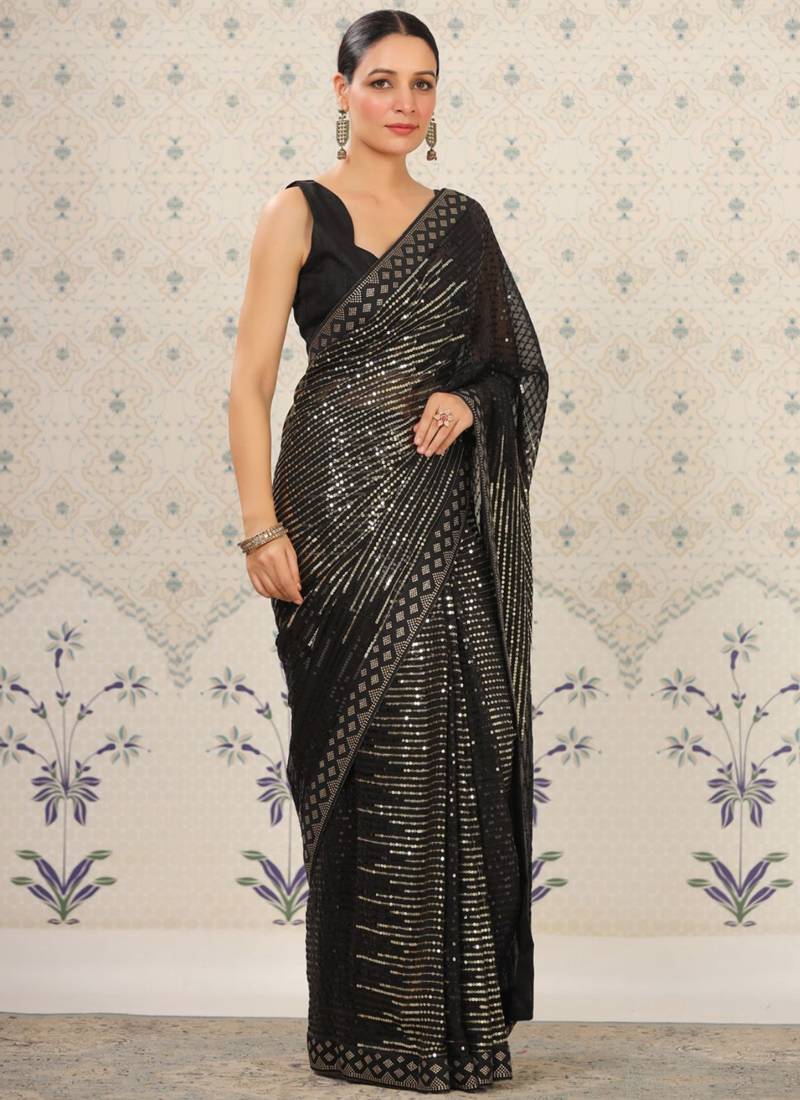 Vegaa Fashion Black Heavy Georgette Sequence Embroidery Saree | Grocsy