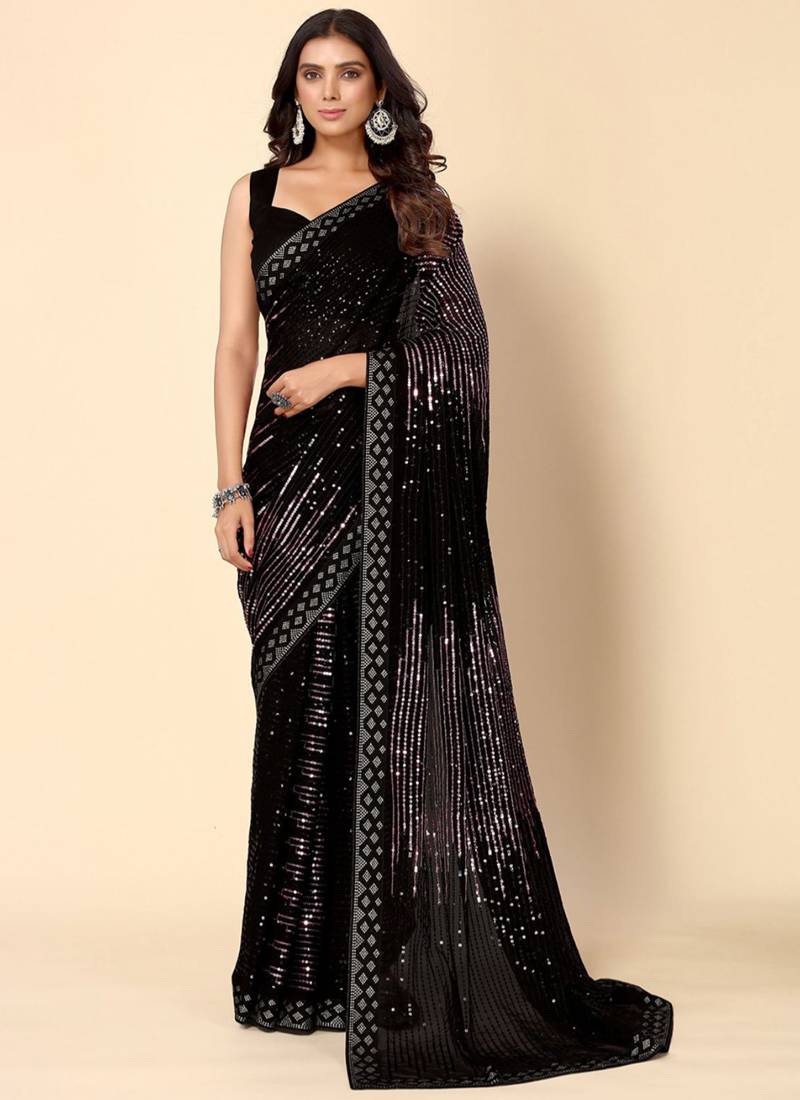Vegaa Fashion Onion Pink Heavy Georgette Sequence Embroidery Saree | Grocsy