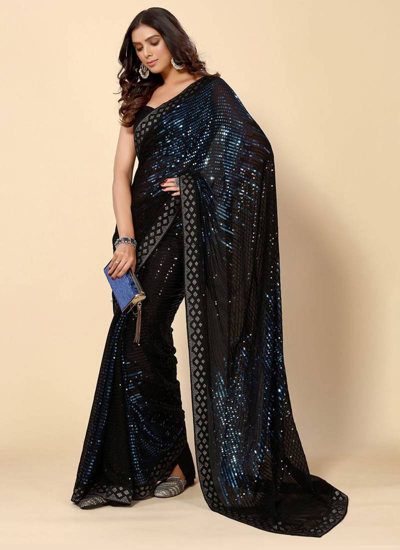 Vegaa Fashion Royal Blue Heavy Georgette Sequence Embroidery Saree | Grocsy