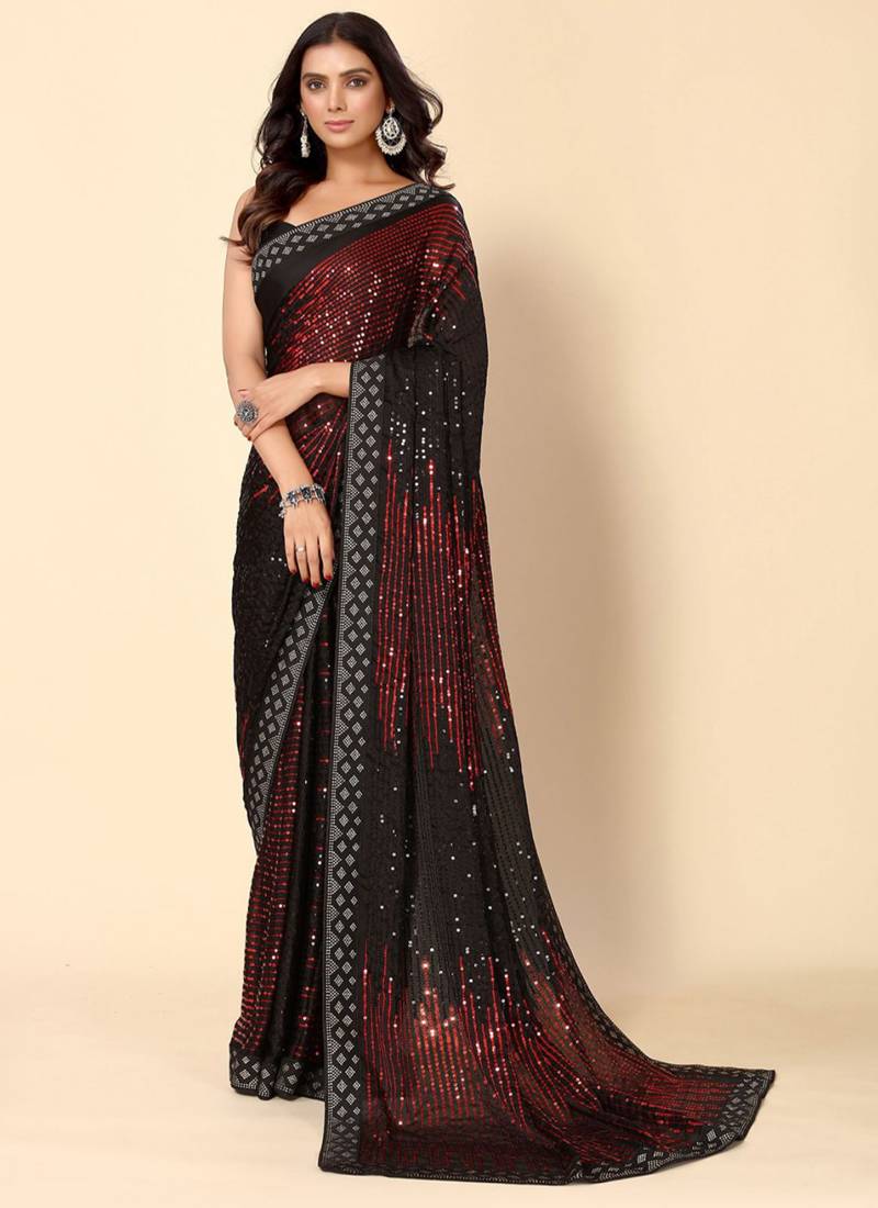 Vegaa Fashion Maroon Heavy Georgette Sequence Embroidery Saree | Grocsy