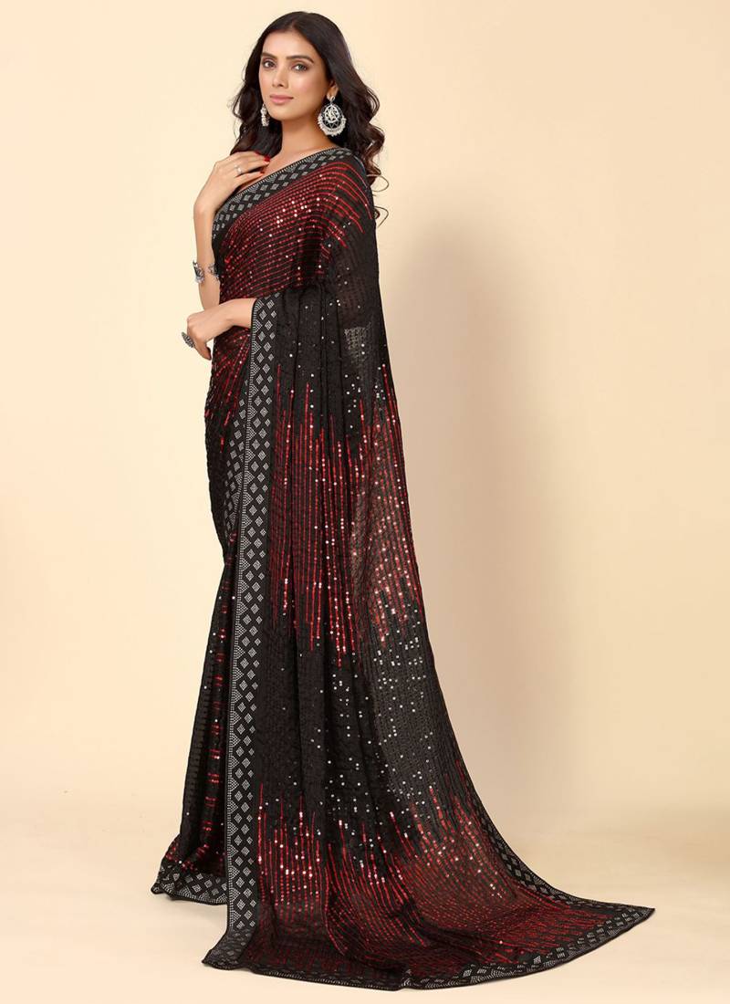 Vegaa Fashion Maroon Heavy Georgette Sequence Embroidery Saree | Grocsy