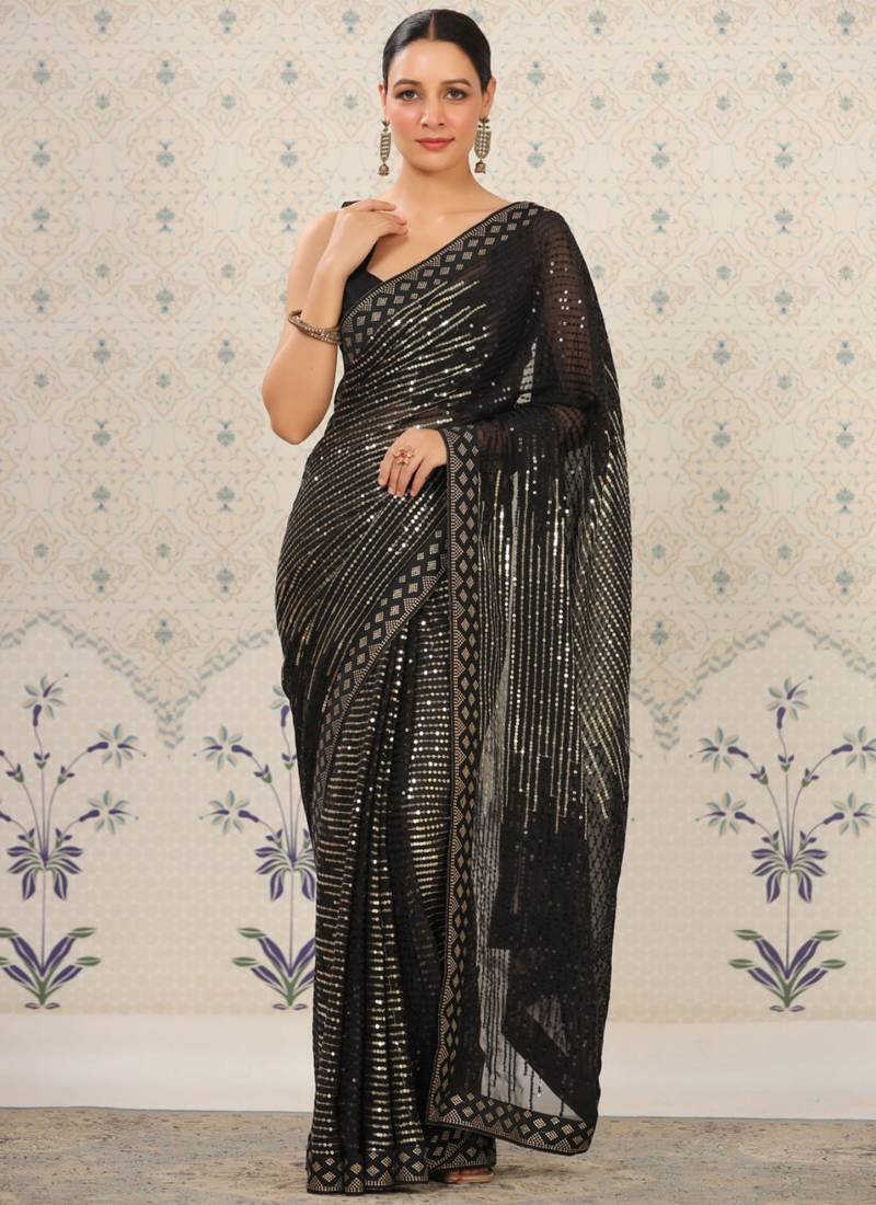 Vegaa Fashion Black Heavy Georgette Sequence Embroidery Saree | Grocsy