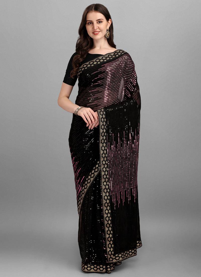 Vegaa Fashion Purple Heavy Georgette Sequence Embroidery Saree | Grocsy