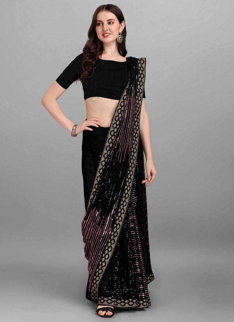 Vegaa Fashion Purple Heavy Georgette Sequence Embroidery Saree | Grocsy