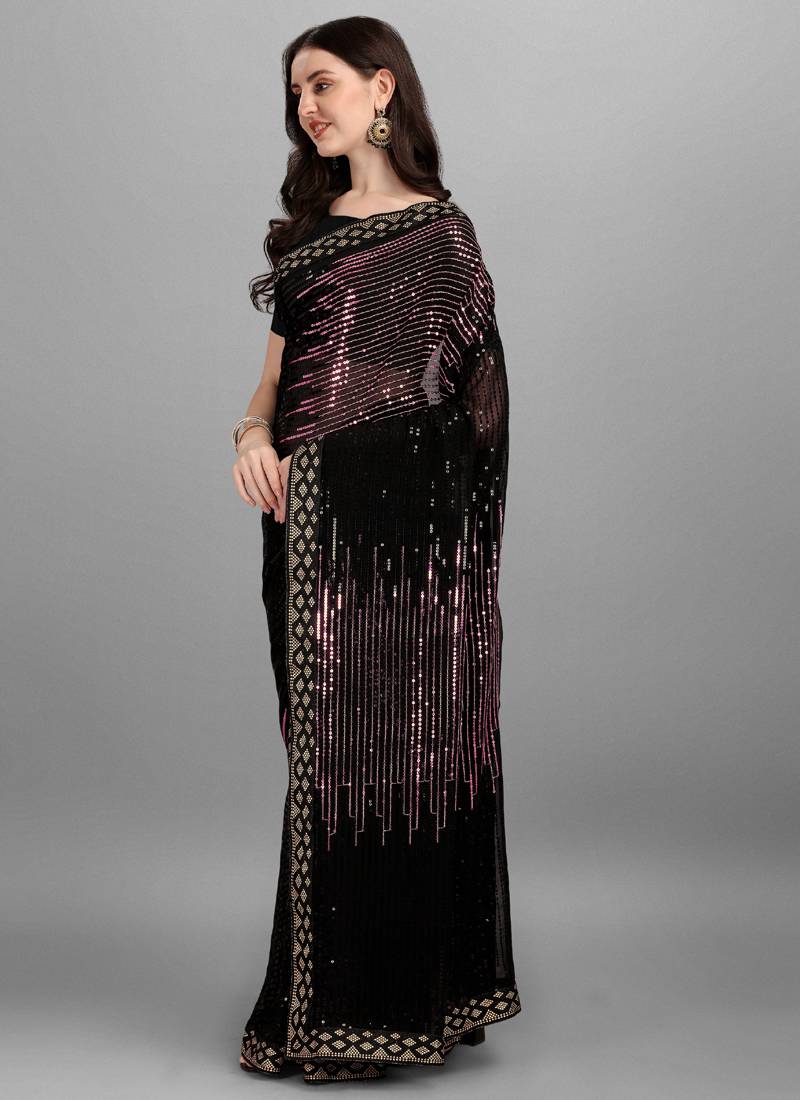 Vegaa Fashion Purple Heavy Georgette Sequence Embroidery Saree | Grocsy