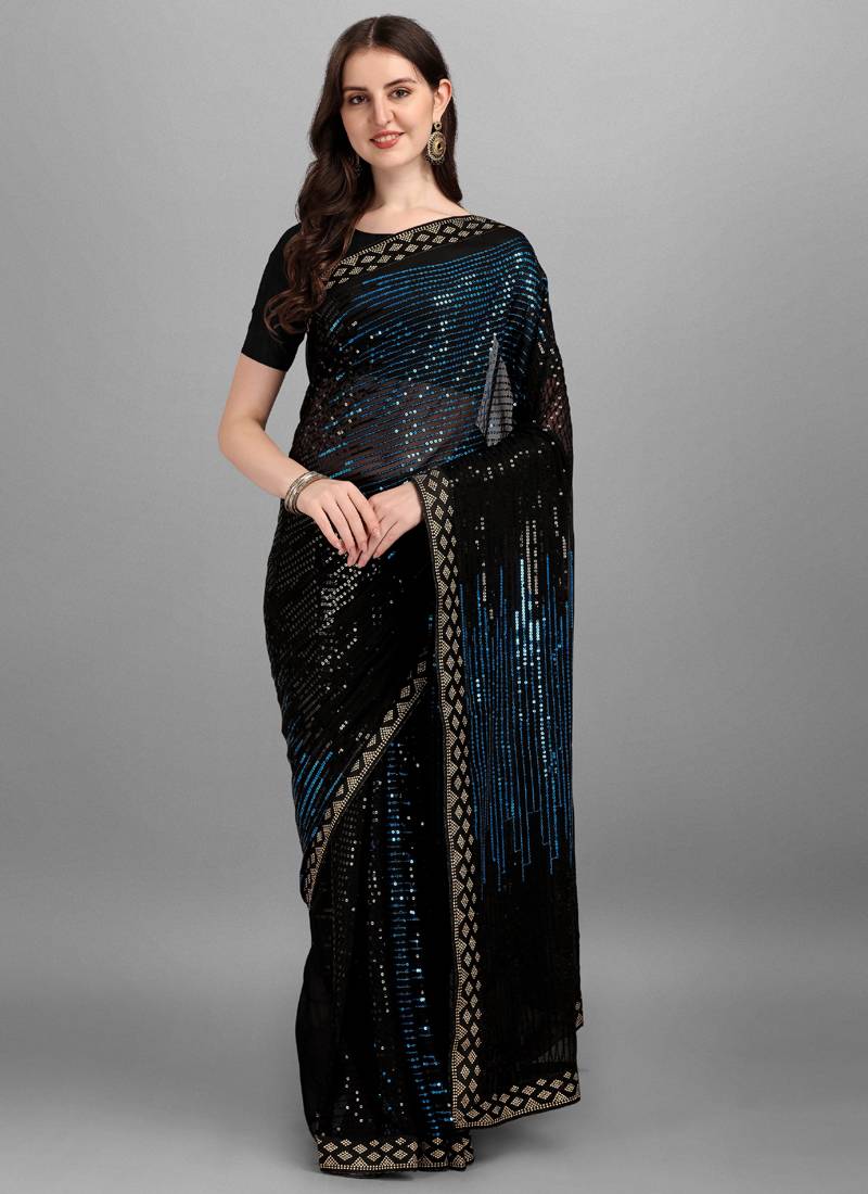 Vegaa Fashion Blue Heavy Georgette Sequence Embroidery Saree | Grocsy