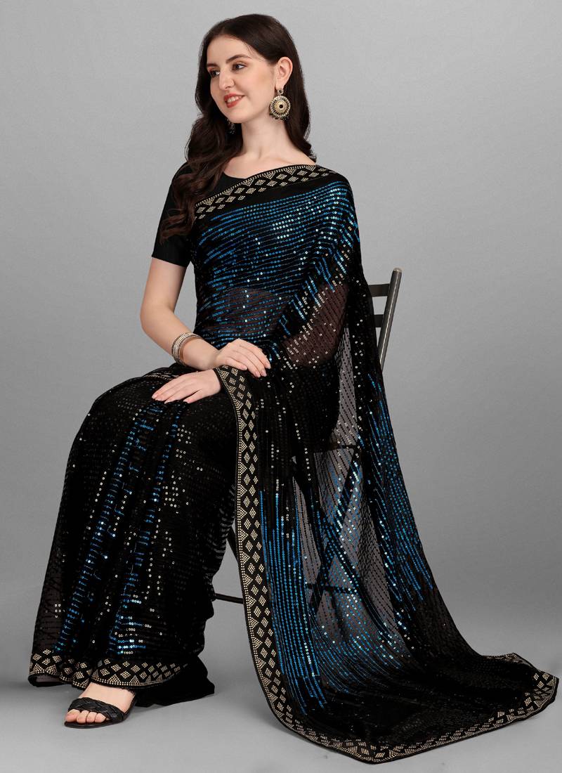 Vegaa Fashion Blue Heavy Georgette Sequence Embroidery Saree | Grocsy
