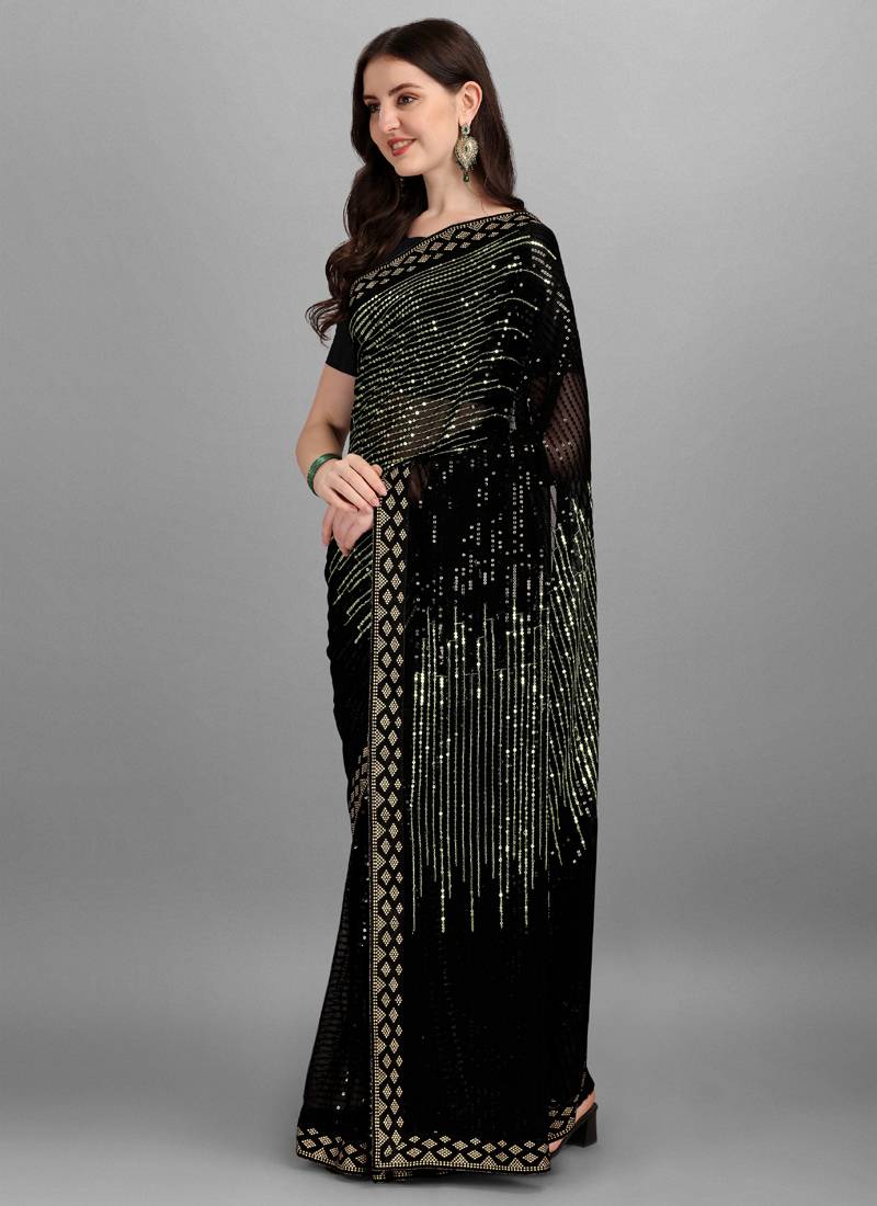 Vegaa Fashion Green Heavy Georgette Sequence Embroidery Saree | Grocsy
