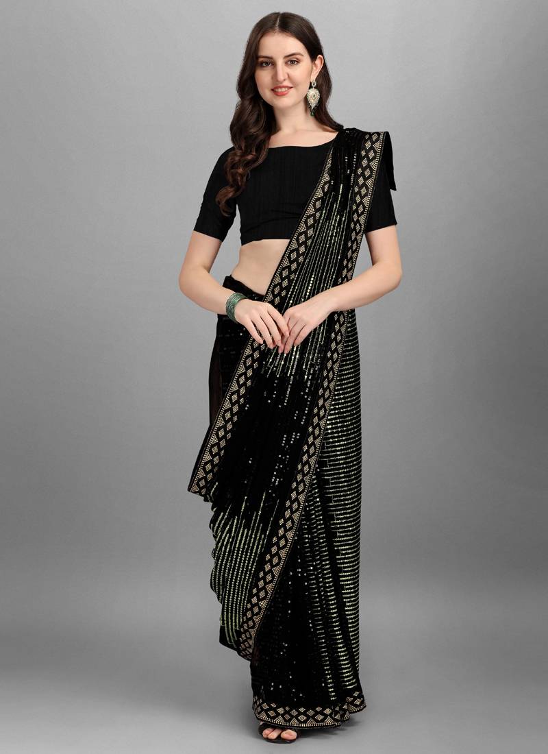 Vegaa Fashion Green Heavy Georgette Sequence Embroidery Saree | Grocsy